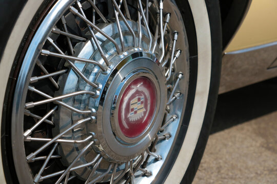 Wroclaw, Poland, June 15, 2021: close-up on the wheel of an old Cadillac.