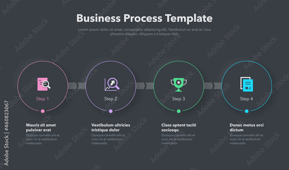 Poster Simple business process template with four steps. Easy to use for your website or presentation - dark version.