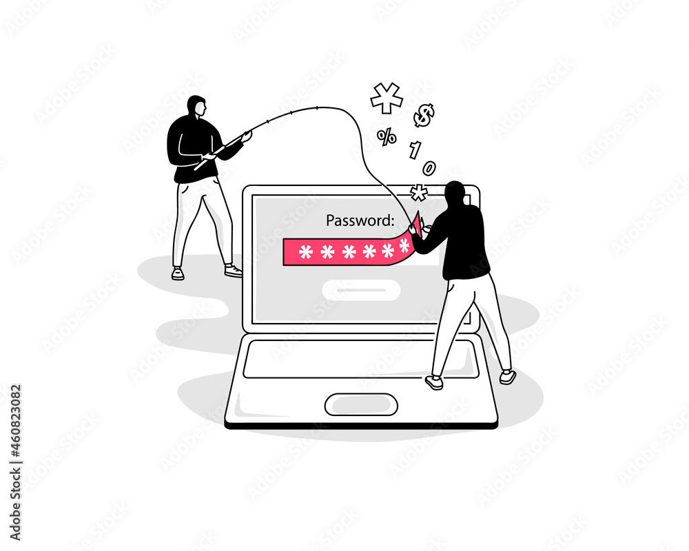 Aufkleber Illustration of password leak symbol with a laptop and two hackers. Easy to use for your website or presentation.