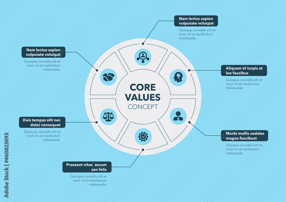 Poster Modern concept for core value diagram with six steps and place for your description - blue version. Flat infographic design template for website or presentation.