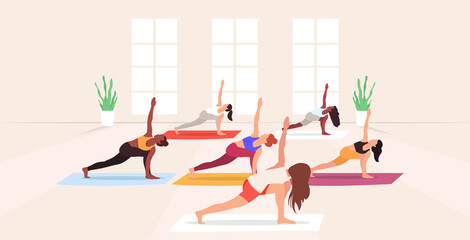 Yoga class. Group of people in the studio practicing yoga with the yoga instructor. Vector illustration