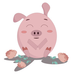 a cute little pink pig is sitting and there are roses lying next to it