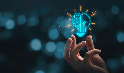 Hand holding drawing virtual lightbulb with brain on bokeh background for creative and smart thinking idea concep - obrazy, fototapety, plakaty