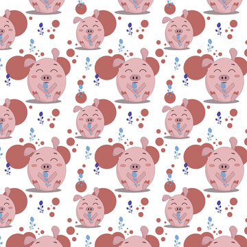 seamless pattern of circles and cute little pink pig sitting and holding blue berries