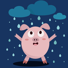 cute little pink pig is standing and enjoying the rain at night