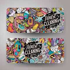 Cartoon cute doodles Cleaning horizontal banners set