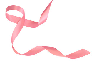 Pink breast cancer ribbon isolated on white. pink satin silk curled ribbon on white background. design element for greeting card