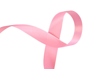 Pink breast cancer ribbon isolated on white. pink satin silk curled ribbon on white background. design element for greeting card