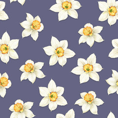 seamless pattern with white daffodil flowers on purple background, watercolor illustration