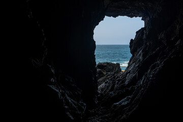 Window to the sea in the Cuevas de Ajuy, Pajara, west coast of the island of Fuerteventura, Canary Islands. Spain