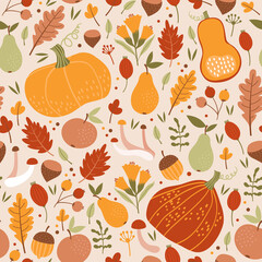 Seamless autumn pattern. Pumpkins, berries, leaves and fruits - 460825467