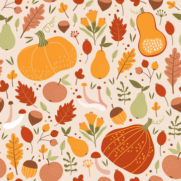 Seamless autumn pattern. Pumpkins, berries, leaves and fruits