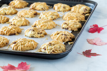 A parchment lined cookie sheet filled with maple pecan cookies fresh out of the oven.
