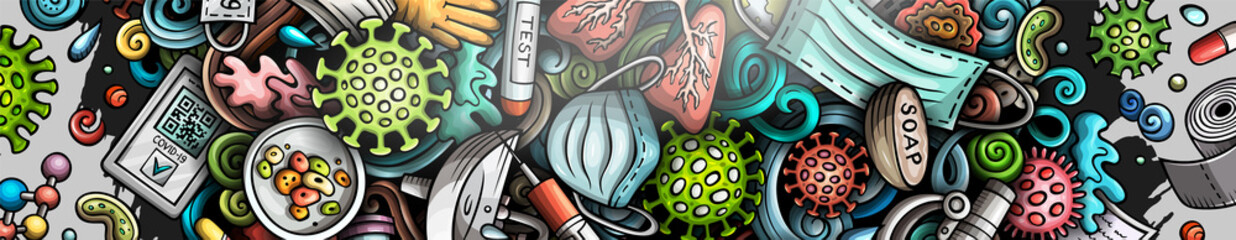 Coronavirus hand drawn doodle banner. Cartoon vector detailed flyer.