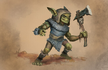 Naklejka premium Digital painting of a primitive goblin with a war axe on aged paper background for spot book interior - fantasy illustration