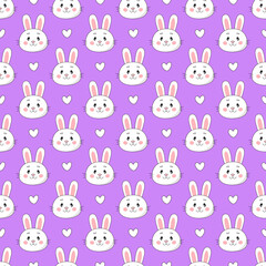 Obraz premium Seamless pattern with cute cartoon rabbits and hearts isolated on violet background