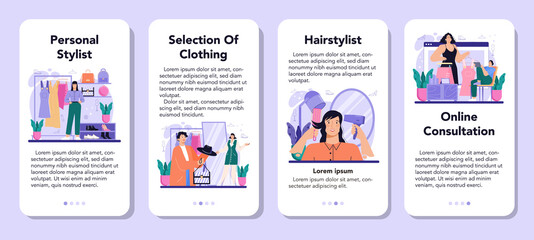 Fashion stylist mobile application banner set. Modern, creative job