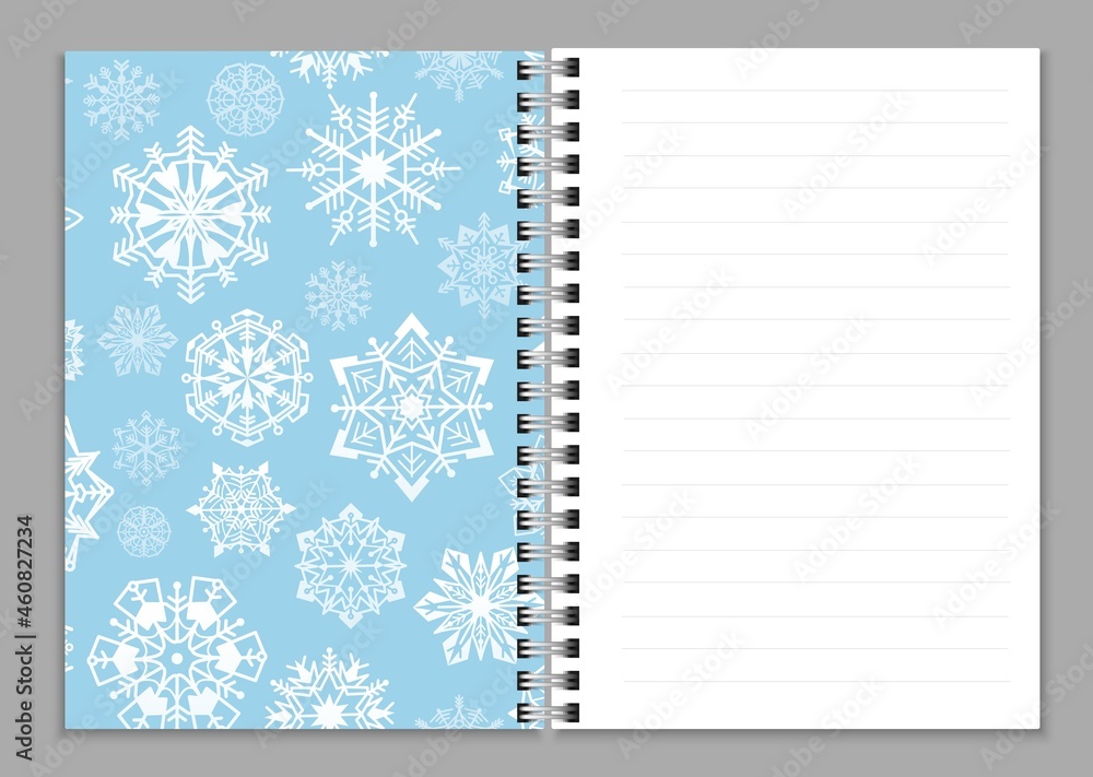 Poster open notebook realistic. copybook or sketchbook, notepad or copybook with ring spiral bound pages an