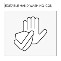  Care line icon. Protected palm from viruses. Disinfection. Hand washing. Hygiena concept. Isolated vector illustration. Editable stroke