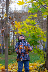 boy throwing up autumn leaves