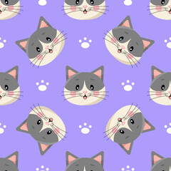 Seamless pattern with cute cartoon cats and paws isolated on violet background