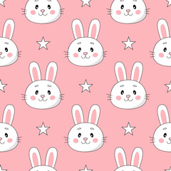 Seamless pattern with cute cartoon rabbits and stars isolated on pink background