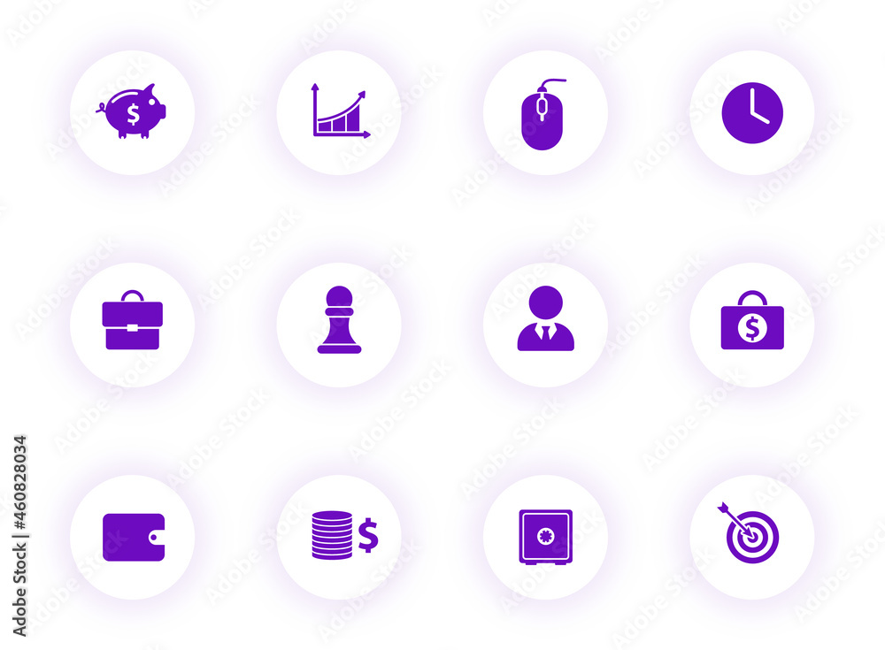 Poster business purple color vector icons on light round buttons with purple shadow. business icon set for 