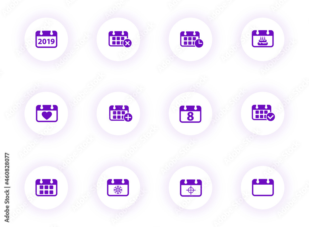 Poster calendar purple color vector icons on light round buttons with purple shadow. calendar icon set for 
