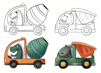 Construction cars coloring book for children. Coloring page with concrete mixer, dump car, and the drivers dinosaur dino and grey wolf. Black outline to color with colorful examples isolated on white 