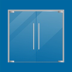 Glass doors realistic. Store double closed door with metallic knob isolated on blue background. Office or boutique front view clear gloss glare entrance element, vector illustration