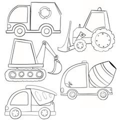 Construction cars coloring book for children. Coloring page with truck, excavator, bulldozer, dump car, garbage truck, concrete mixer. Black outline to color isolated on white background