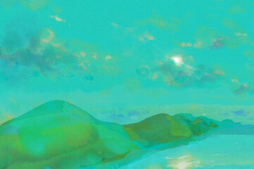 Fototapeta na wymiar Realistic cyan watercolor mountain and sea landscape with sunset and cloud painting