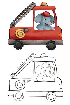 Coloring book for children with examples isolated on white background. Hand painted cute cartoon coloring page for kids. Joyful nice colorful fire truck. Fire engine with cute elephant fireman driver.