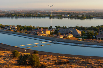 Dawn view of Lake Palmdale and the Los Angeles Aqueduct in Palmdale, California, United States.