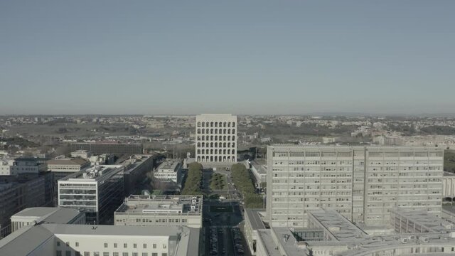Vertical and horizontal aerial view of Rome, Eur residential district in Rome
