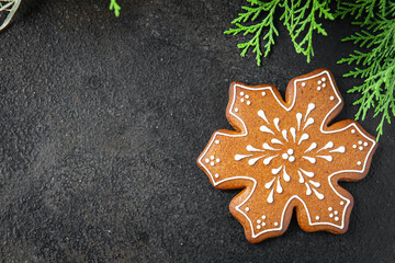 gingerbread hand painted cookies christmas greeting card new year homemade sweet pastries dessert holiday gift food background rustic top view copy space