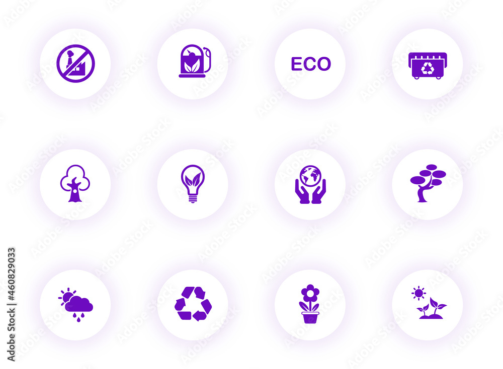 Poster ecology purple color vector icons on light round buttons with purple shadow. ecology icon set for we