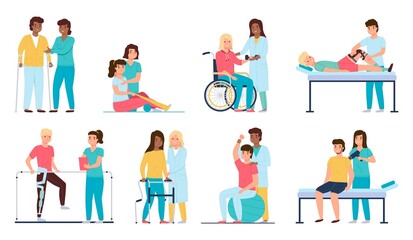 Fototapeta premium People rehab. Medical staff helps handicapped patients, physical health therapy, treatments and development joint mobility, therapists and nurses work, vector cartoon flat isolated set