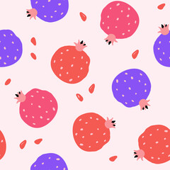Seamless pattern with pomegranates on pink background. Modern flat style, memphis design. Hand drawn vector illustration. Texture for print, fabric, textile, wallpaper.