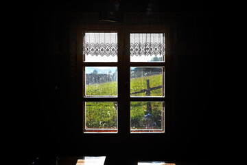 A window overlooking the mountains
