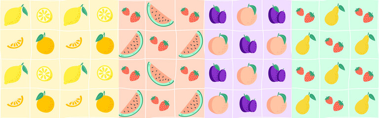 Set of seamless checkered patterns with lemon, orange, peach, strawberry, watermelon, pear, plum fruits. Summer season fruits. Vector illustration.