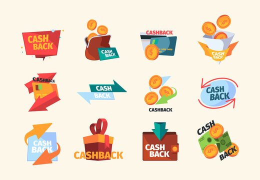 Cash back symbols. Ads business logotypes finance service cash back graphics geometrical templates garish vector promotional pictures collection