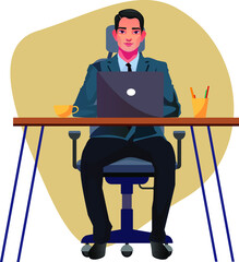 young man sitting in chair and making use of laptop vector illustration