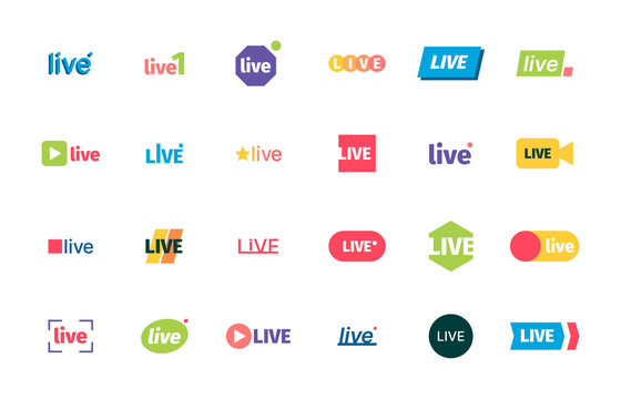 Live stream icons. Broadcasting business red icons air services play symbols living entertainment logo garish vector flat templates