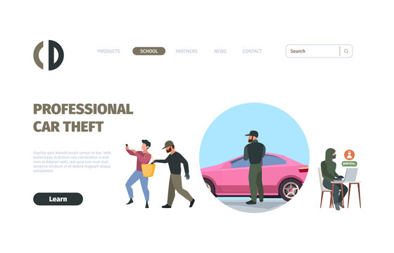 Robbery landing page. Victim masked thieves web template layout design garish vector flat picture with place for text