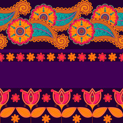 Seamless vector pattern based on traditional oriental element paisley, Indian cucumber, buta. Bright tulips on a purple background. Floral background for textile, fabric, wallpaper, wrapping paper.