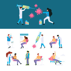 Fototapeta premium Medical vaccination. Health covid prevention doctor nurse making vaccine garish vector flat characters