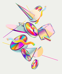 Colorful iridescent geometric shapes. Abstract luminescent design