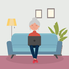 Fototapeta premium Cute cartoon grandmother sitting with a laptop
