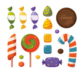 Candy. Dulce collection sweets for birthday celebration lollipop jelly candy garish vector cartoon illustrations